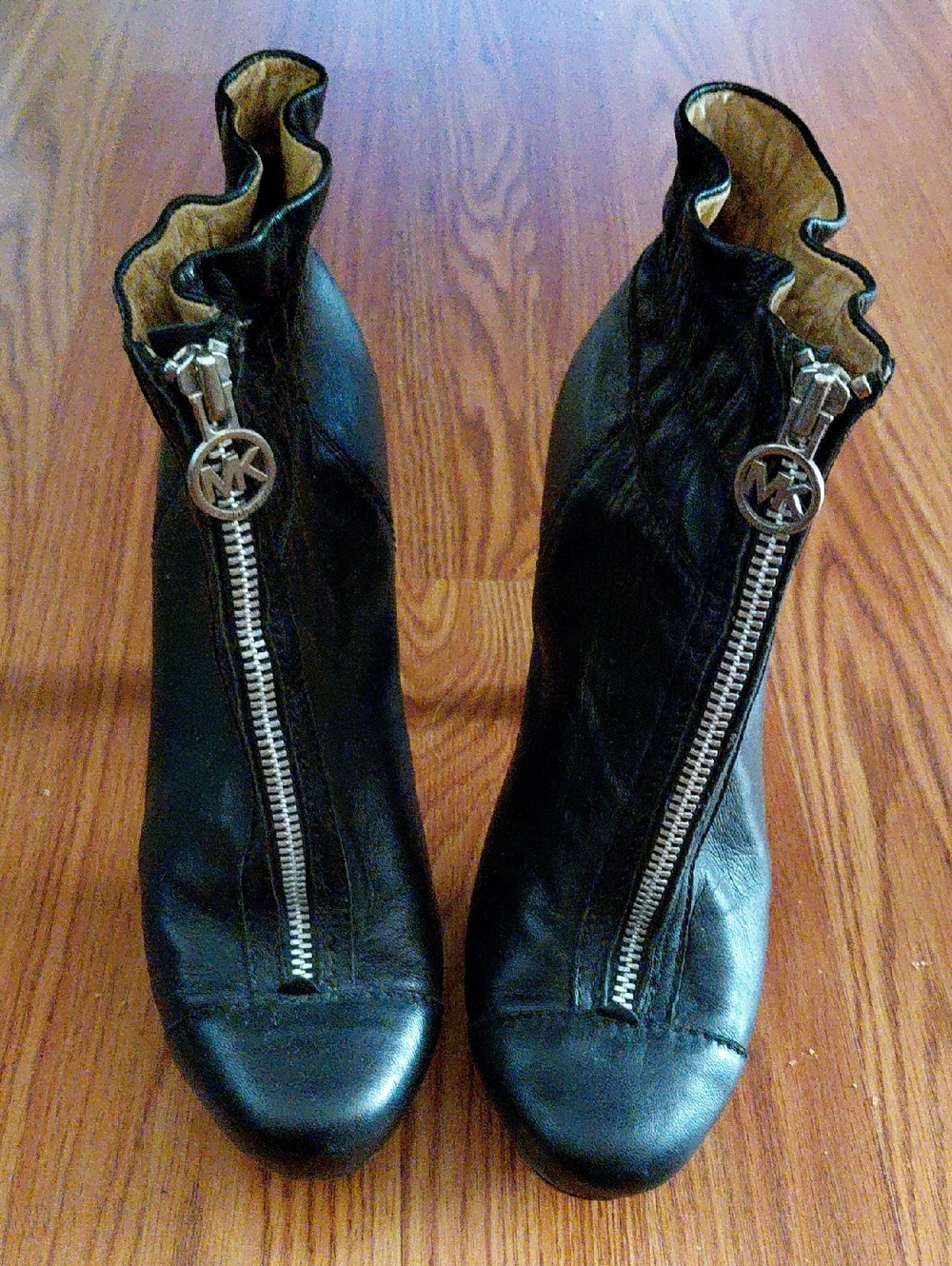 Michael Kors Black Leather Front-Zip Ruffle-Trim Ankle Booties